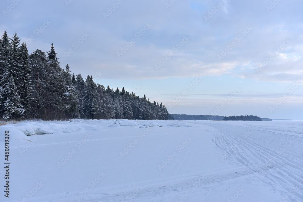 Lake Onega in winter covered with snow Lake Onega in winter covered with snow