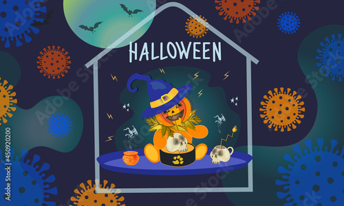 Funny halloween pumpkin illustration in the context of the coronavirus. Terrifying bacterial background around the house and a hilarious character with a crafty treat at a party. Vector banner, poster