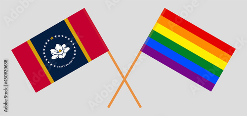 Crossed flags of the State of Mississippi and LGBTQ. Official colors. Correct proportion