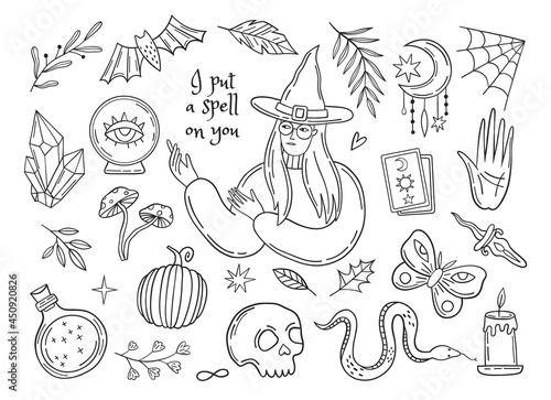 Witch magic set. Hand drawn witchcraft elements collection