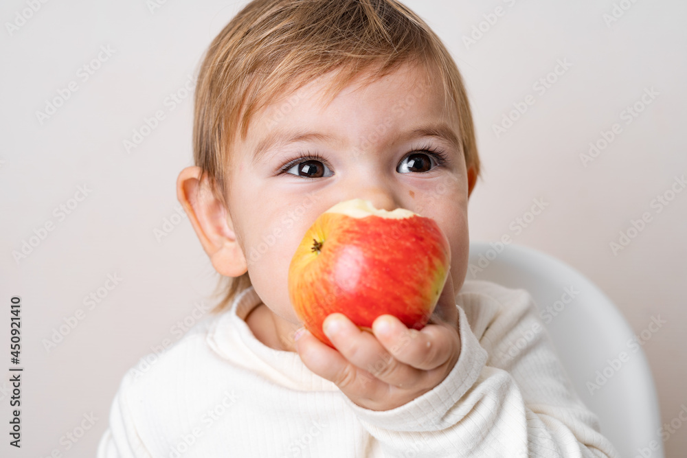 Toddler baby with apples on the high chair. Healthy eating. Summer and autumn harvest. Studio shot Toddler baby with apples on the high chair. Healthy eating. Summer and autumn harvest. Studio shot