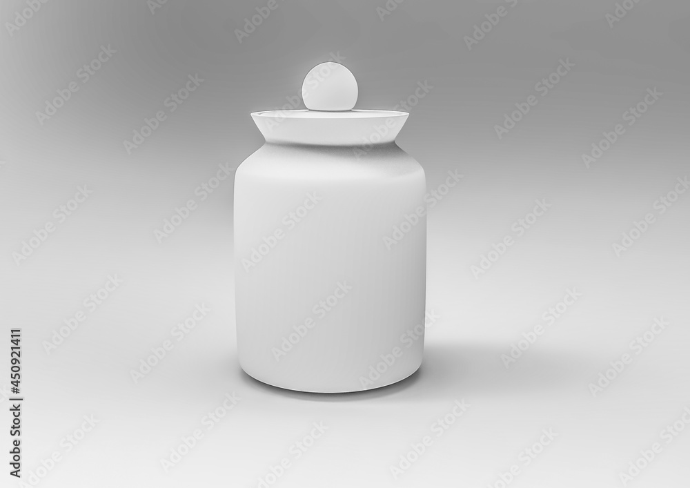 Small glass bottle with lid isolated on a light background, 3d rendering illustration. Small glass bottle with lid isolated on a light background, 3d rendering illustration.