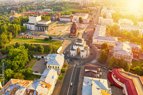 Aerial drone view of Vladimir City center with Golden Gate during sunset © Nikolay N. Antonov