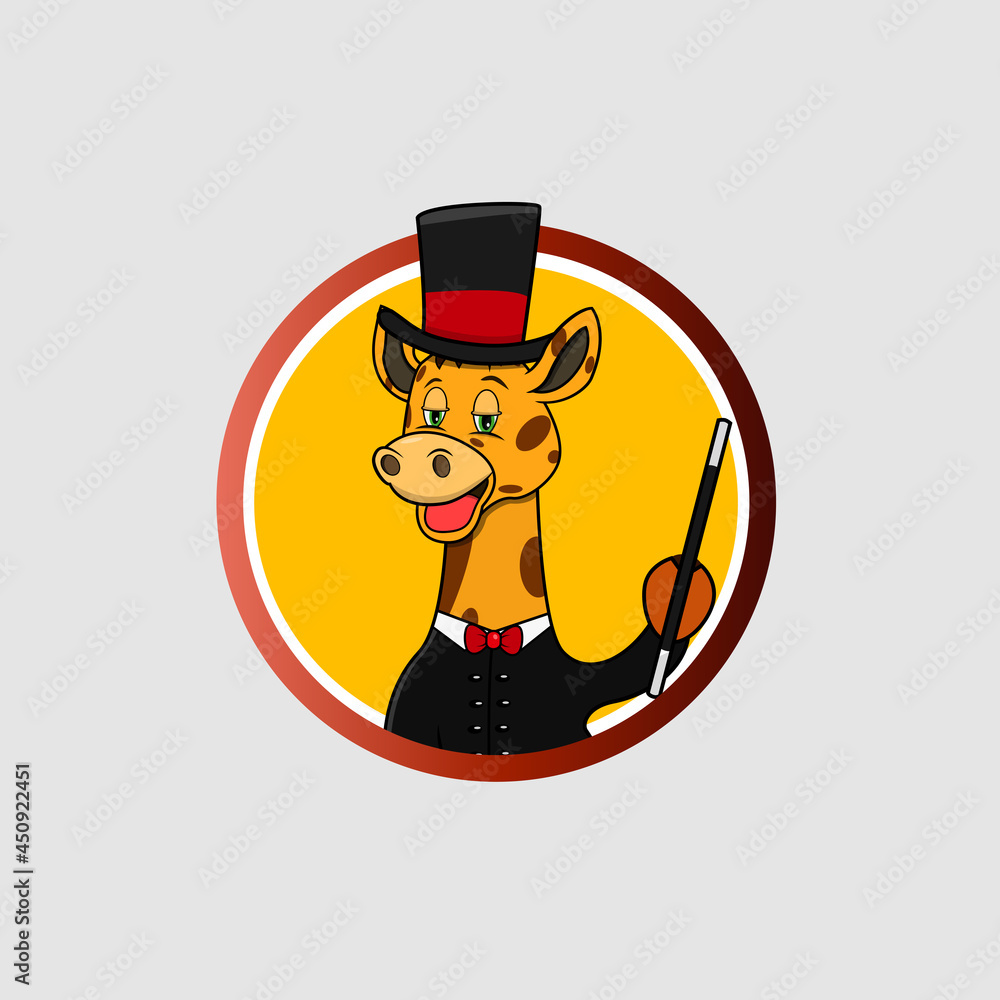 Giraffe Head Circle Label With Custom Magician and Bring Stick, Yellow Colors Background, Mascot, Icon, Character or Logo, Vector and Illustration.