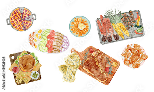 アメリカンな料理を並べた手描き水彩風イラスト
