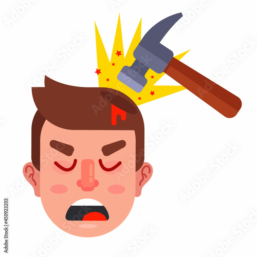 hit a person on the head with a hammer. flat vector illustration.