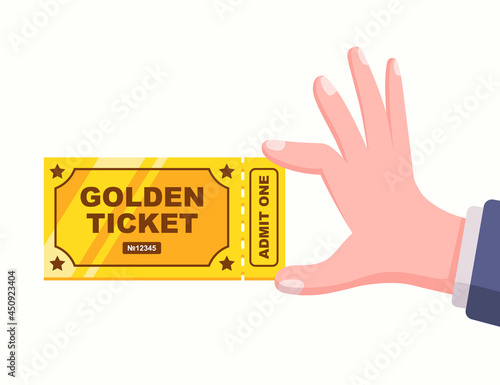 a golden unique ticket in a person's hand. flat vector illustration.