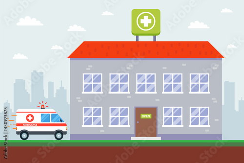 hospital and ambulance building. flat vector illustration.