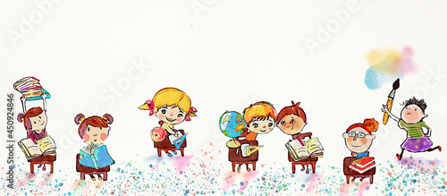 Watercolor school children. Education concept photo