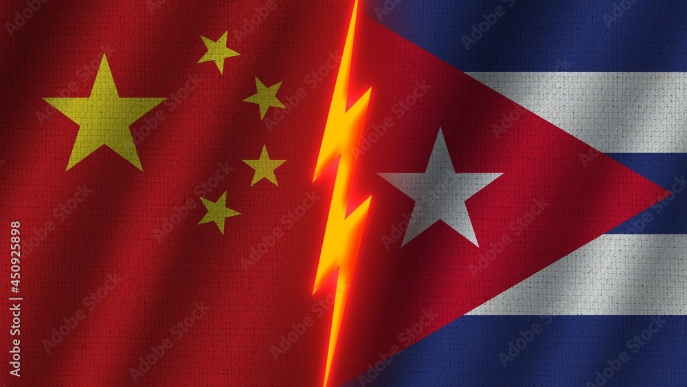 Cuba and China Flags Together, Wavy Fabric Texture Effect, Neon Glow Effect, Shining Thunder Icon, Crisis Concept, 3D Illustration Cuba and China Flags Together, Wavy Fabric Texture Effect, Neon Glow Effect, Shining Thunder Icon, Crisis Concept, 3D Illustration