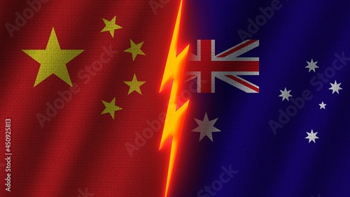 Sticker Australia and China Flags Together, Wavy Fabric Texture Effect, Neon Glow Effect