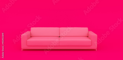 Pink fabric sofa on brushed metal legs with pillows isolated on pink background. Series of furniture. 3D Rendering. 