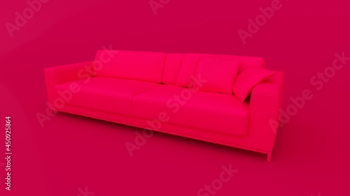 Pink fabric sofa on brushed metal legs with pillows isolated on pink background. Series of furniture. 3D Rendering. 