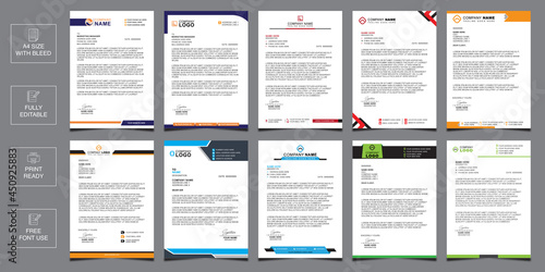 Modern creative and clean business corporate letterhead bundle. Set to print with vector and illustration. Minimal 10 types letterhead template. Blue,orange,red,green,sky color letterhead.