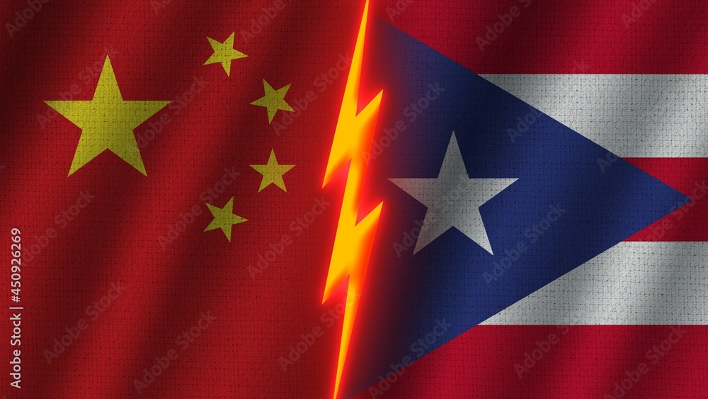 Fototapeta premium Puerto Rico and China Flags Together, Wavy Fabric Texture Effect, Neon Glow Effect, Shining Thunder Icon, Crisis Concept, 3D Illustration