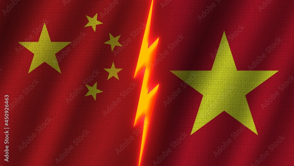 Vietnam and China Flags Together, Wavy Fabric Texture Effect, Neon Glow Effect, Shining Thunder Icon, Crisis Concept, 3D Illustration Vietnam and China Flags Together, Wavy Fabric Texture Effect, Neon Glow Effect, Shining Thunder Icon, Crisis Concept, 3D Illustration