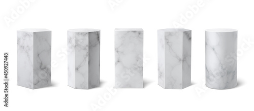 Classic realistic white marble 3d podium museum set on white background.