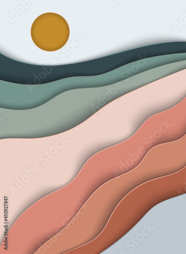 Abstract landscape summer background with paper waves for banner, invitation, poster or website design. Paper cut style, 3d effect copy, space for text, vector illustration