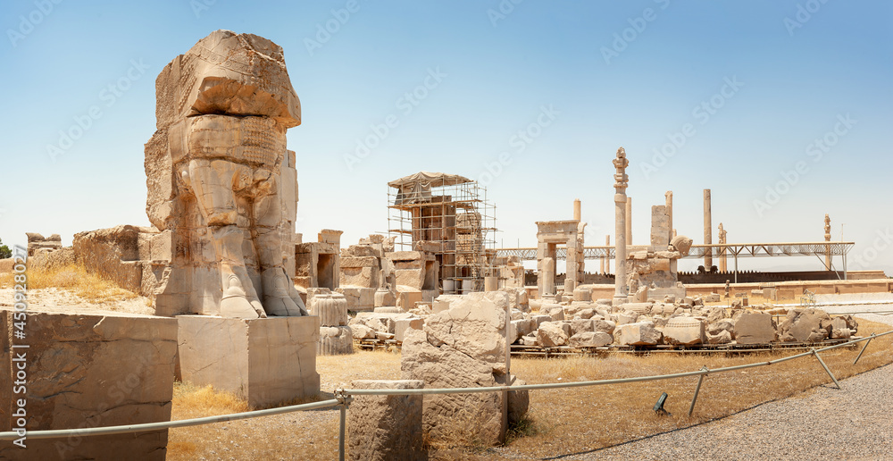 Ruins of the Hall of the Hundred Columns, Persepolis. Persepolis (Old Persian: Pārsa) was the ceremonial capital of the Achaemenid Empire (ca. 550–330 BCE).