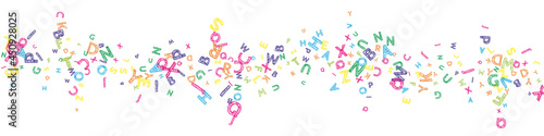 Falling letters of English language. Colorful messy sketch flying words of Latin alphabet. Foreign languages study concept. Delicate back to school banner on white background.