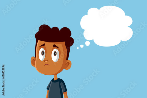 Sad African Boy with Thinking Bubble Vector Illustration