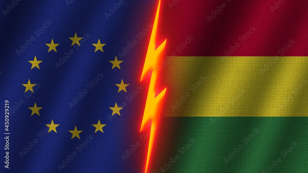 Bolivia and European Union Flags Together, Wavy Fabric Texture Effect, Neon Glow Effect, Shining Thunder Icon, Crisis Concept, 3D Illustration Bolivia and European Union Flags Together, Wavy Fabric Texture Effect, Neon Glow Effect, Shining Thunder Icon, Crisis Concept, 3D Illustration