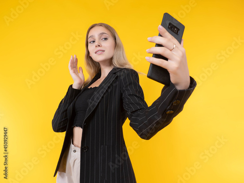 woman is taking selfie. Gir...