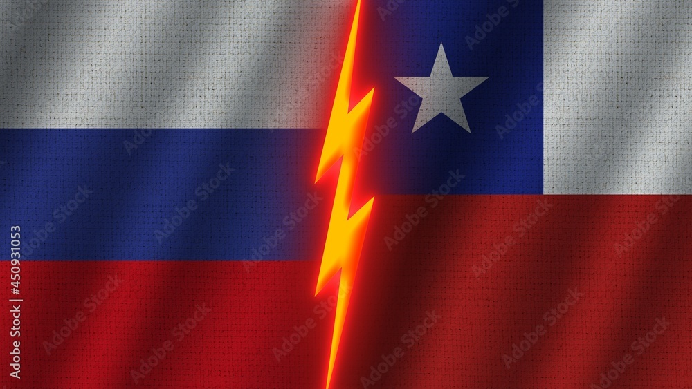 Chile and Russia Flags Together, Wavy Fabric Texture Effect, Neon Glow Effect, Shining Thunder Icon, Crisis Concept, 3D Illustration Chile and Russia Flags Together, Wavy Fabric Texture Effect, Neon Glow Effect, Shining Thunder Icon, Crisis Concept, 3D Illustration