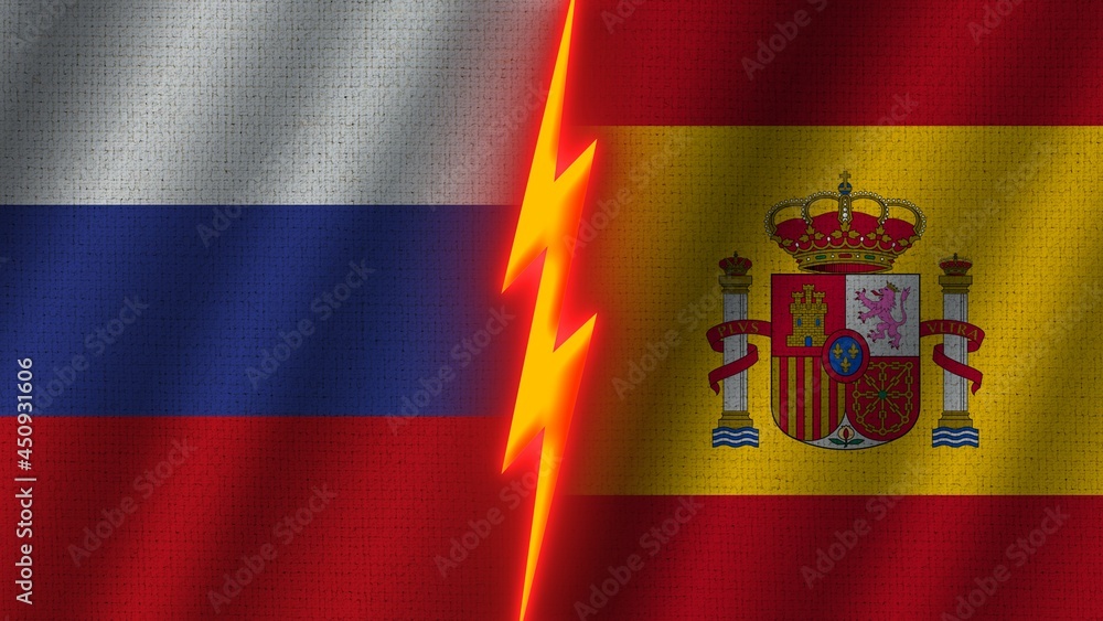Spain and Russia Flags Together, Wavy Fabric Texture Effect, Neon Glow Effect, Shining Thunder Icon, Crisis Concept, 3D Illustration