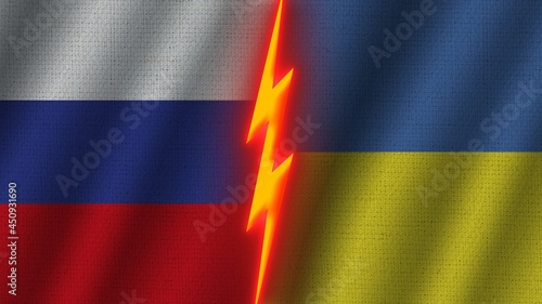 Ukraine and Russia Flags Together  Wavy Fabric Texture Effect  Neon Glow Effect  Shining Thunder Icon  Crisis Concept  3D Illustration