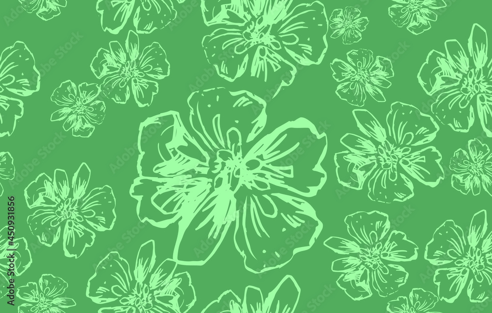pattern with green flowers seamless vector, Simple raster geometric seamless pattern. floral shapes, net, mesh, lattice. Elegant vintage ornamental background. Repeat design for textile