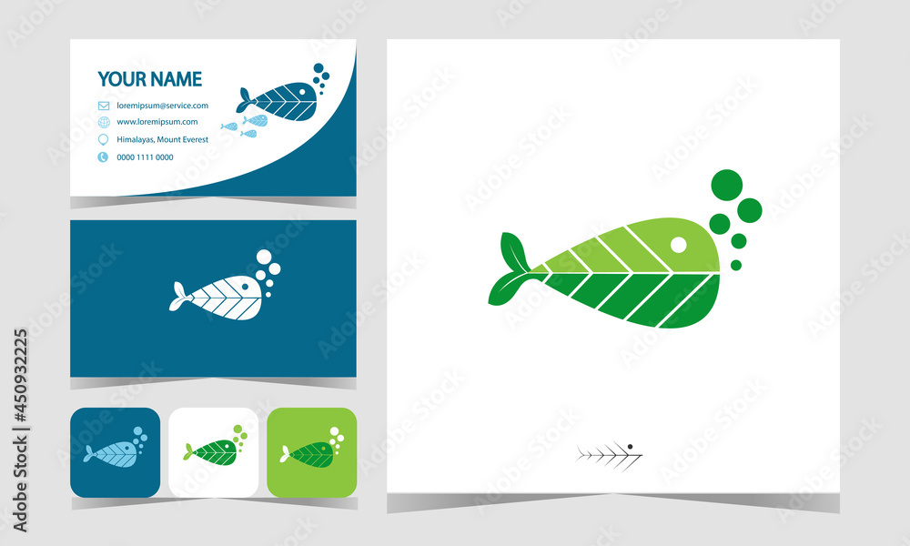 whale cute logos designs from leaf with bubble illustration