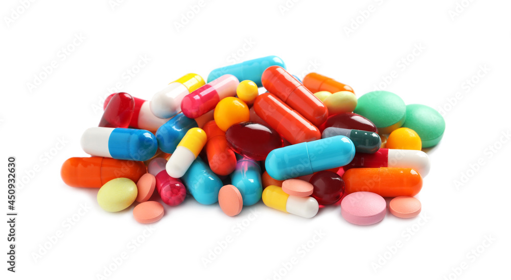 Pile of different colorful pills on white background Pile of different colorful pills on white background
