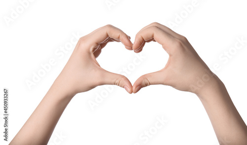 Woman making heart with her hands against white background  closeup