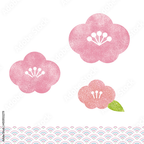 シンプルなピンクの梅の花と和柄。白地に水彩画のベクターイラスト。年賀状素材。