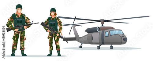 Male and female army soldiers holding weapon guns with military helicopter cartoon illustration