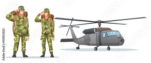 Man and woman army soldier carrying backpack characters with military helicopter cartoon illustration