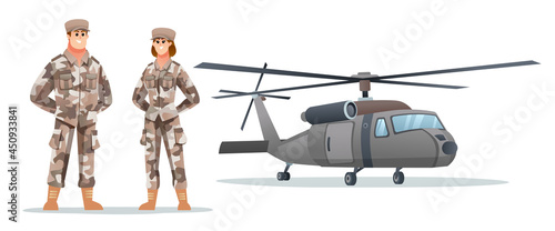 Male and female army soldier characters with military helicopter