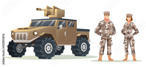 Man and woman army soldier characters with military vehicle cartoon illustration