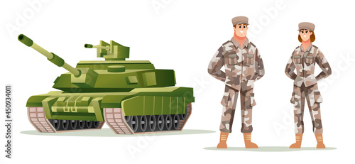 Man and woman army soldier characters with tank cartoon illustration