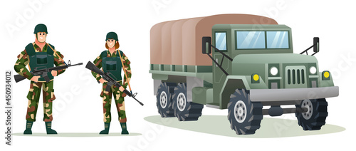 Male and female army soldiers holding weapon guns with military truck cartoon illustration