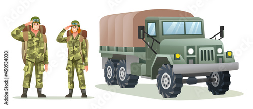 Man and woman army soldier carrying backpack characters with military truck cartoon illustration