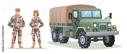 Male and female army soldier characters with military truck cartoon illustration