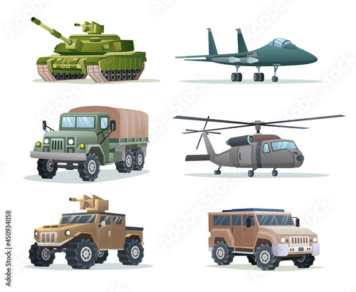 Collection of military army vehicles transportation isolated illustration photo