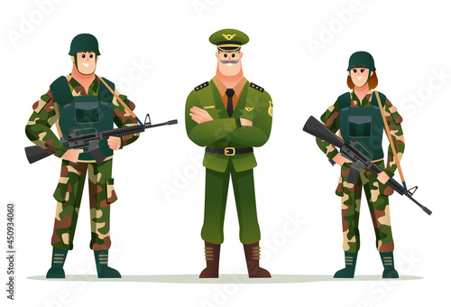 Army captain with man and woman soldiers holding weapon guns character set