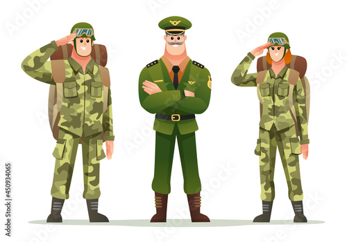 Army captain with man and woman soldiers carrying backpack character set
