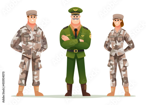 Tablou canvas Army captain with man and woman soldiers cartoon character set