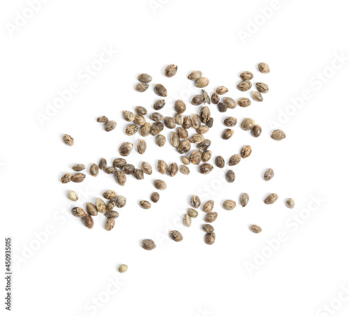 Hemp seeds on white background, top view