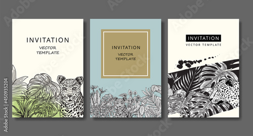 Set of vintage invitation cards with leopard and tropical plants. Drawing engraving.