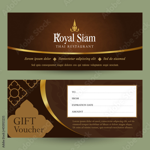 Thai restaurant gift voucher design template. Thai pattern.